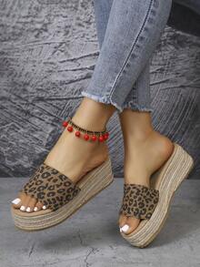 Women's Wedge Thick Bottom Sandals, Retro Leopard Print Woven Wedge Slippers, European And American Style Thick Bottom Elevated Slip-On Sandals, Summer Commute Versatile - Brown - View 4