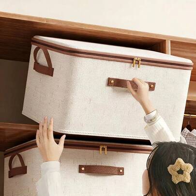 3个米色亚麻拉链收纳盒，带盖 - 可折叠可水洗，适用于衣柜、衣物、内衣、袜子、贴身衣物、学习用品、珠宝等。