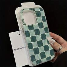 Funda de teléfono con patrón de mosaico retro a cuadros verdes, adecuada para iPhone 17/16/15/14/13/12/11/XS/XR/X/7/8 Plus/Pro/Max/Mini - Diseño minimalista creativo y de moda, funda protectora de Body completo resistente a golpes - camelote - Ver 1