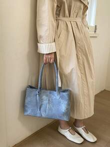 1pc Blue Strap Decor Large Capacity PU Patchwork Tote Bag, Women Shoulder Bag - Blue - View 3