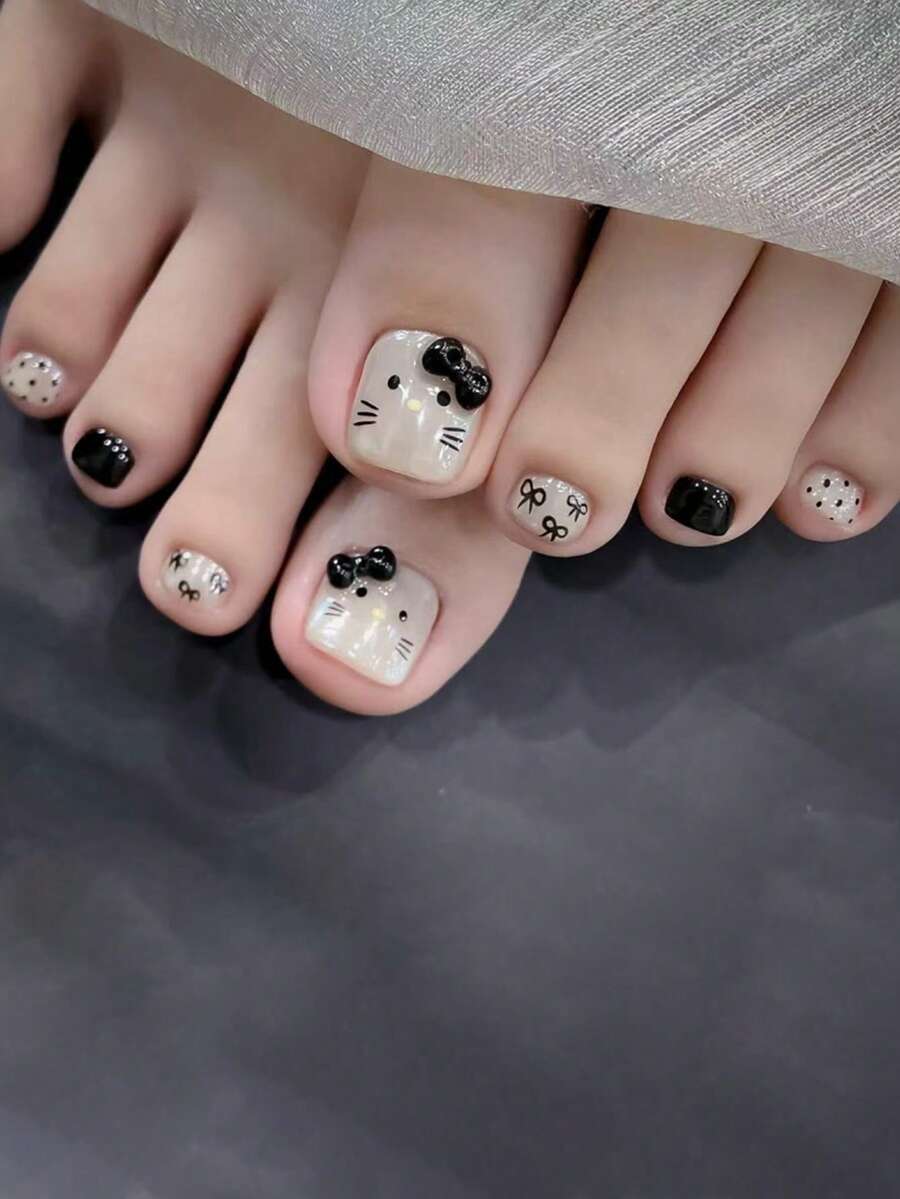 24pcs Summer Model Black Polka Dots Press On Toenails Kawaii Fake Toenails Short Square Shape Toenails Manicure Set Includes 1sheet Adhesive Tabs & 1pc Mini File Perfect For Everyday Wvear - Baby Blue - View 1