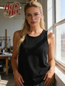 HypeHer New Summer 2026 Women's Versatile Commuter Pure Color Round-Neck Tank Undershirt Streetwear Slim Fit Camisole Tank Top, Spring/Summer, Summer Outfits For Women. - 黑色 - 查看 1