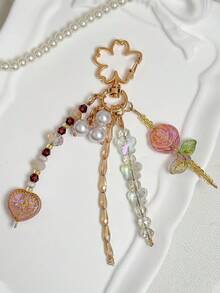1pc Rose Flower Keychain, Sweet Heart Bag Charm, Girl's Bag Beaded Pearl Tassel Pendant Gift - Multicolor - View 1