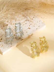 一对不对称波浪纹理金属耳环，金色褶皱C形耳环，夸张风格女士首饰 - 多色 - 查看 3