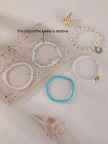 5件套女孩贝壳、爱心、海星和珍珠串珠手链套装 - 彩色 - 查看 5