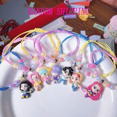 K-POP Witch Hunting Girl Group Anime Character Beaded Bracelet Set, Adjustable Woven Cord Bracelet With Cute Chibi Pendant, Suitable For Daily Wear
