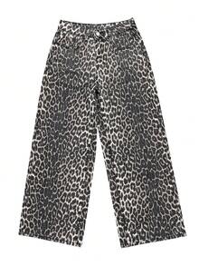 Women's Leopard Print Pocket Wide Leg Loose Casual Jeans, American Style Leopard Print Flared Wide Leg Pants, New Autumn Fashionable Slim Straight Loose Casual Trousers - Multicolor - View 5
