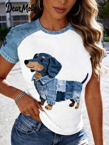 DEAR MOLLY 女士可爱腊肠犬印花仿牛仔复古时尚圆领短袖T恤，适合日常休闲穿着，四季皆宜，夏季 - 彩色 - 查看 6