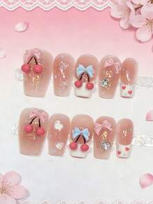 10pcs Handmade 3D Bow Nail Stickers, Versatile Reusable False Nails For Brightening Skin Tone - Multicolor - View 1