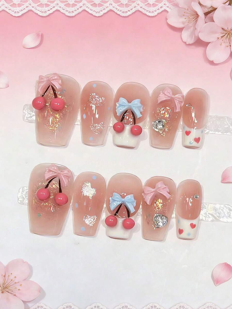 10pcs Handmade 3D Bow Nail Stickers, Versatile Reusable False Nails For Brightening Skin Tone - Multicolor - View 1