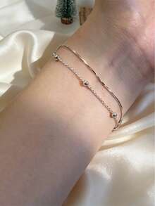 1pc Minimalist Luxury Double-Layer Silver Bead Snake Bone Bracelet, 304 Stainless Steel Rice Bead Chain Accessory, Versatile Daily Wear Non-Fading - Double Layer Bracelet - View 5