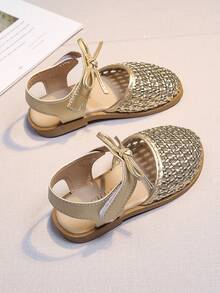 女童编织凉鞋，新款夏季公主风，蝴蝶结镂空透气，柔软防滑鞋底，幼儿园女童凉鞋 - 金色 - 查看 5