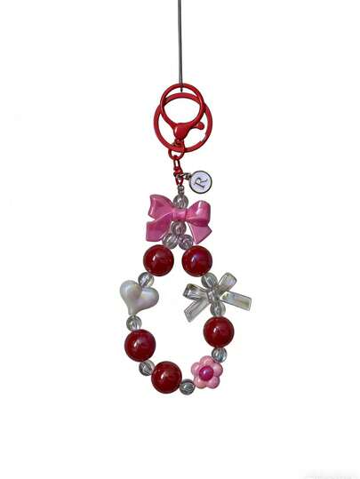 شريط مطلي أحمر لامع مزين بالخرز مع بادئة شخصية، سحر قلب وزهرة، سلسلة هاتف كريستالية جميلة، هدية للبنات