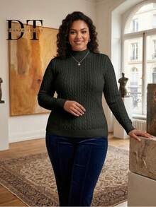 Women's Plus Size Knit Blouse With High Neck, Long Sleeves, Braided Knit Sweater With Fitted Cuffs, Winter - 藏蓝色 - 查看 9