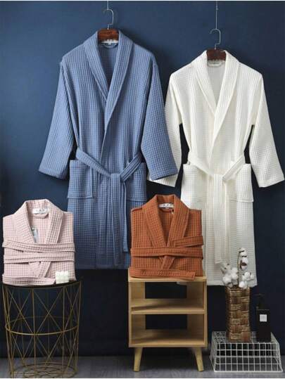 1件华夫格纹100%纯棉浴袍，男女通用成人和服式浴袍，春夏睡衣，酒店/水疗中心适用，吸水性强，速干，宽松版型，多色可选，浴室及家居必备品
