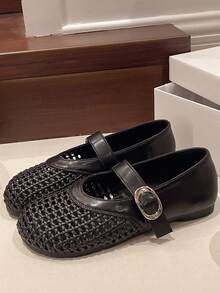 Giày bệt nữ da thấp cổ, mũi tròn, thoáng khí, có khóa cài, màu đen/be/bạc, dành cho thanh thiếu niên và người trung niên, thích hợp mang hàng ngày, mùa xuân/hè. - màu đen - Xem 1