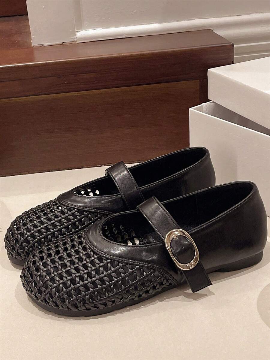 Giày bệt nữ da thấp cổ, mũi tròn, thoáng khí, có khóa cài, màu đen/be/bạc, dành cho thanh thiếu niên và người trung niên, thích hợp mang hàng ngày, mùa xuân/hè. - màu đen - Xem 1