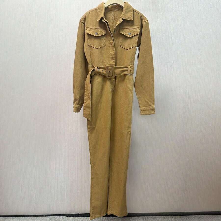KATCH ME Women's Versatile Collared Flap Pocket Partial Button Belt Decor Long Sleeve Jumpsuit, Basic Daily Outfit For Lady - Camel - View 1