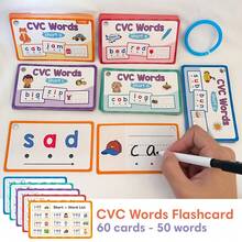 Lachilly 60张儿童英语CVC单词拼读学习卡片，短元音单词CVC入门拼读单词构建儿童学习玩具 - 彩色 - 查看 3