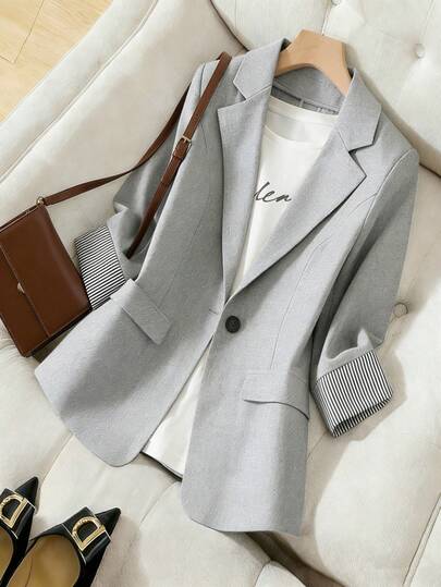 Blazer de mujer de manga larga con cuello de solapa a rayas grises