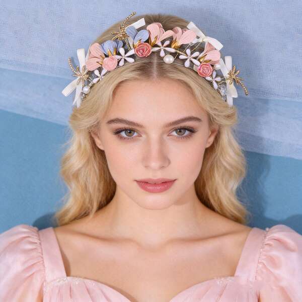 Elegant Pink Ceramic Flower Headband With Bow, Bridal Wedding Hair Accessory