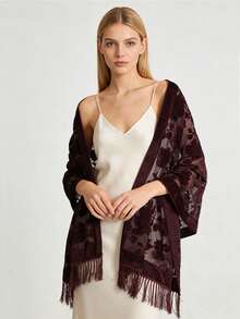 1pc Black Elegant Velvet Fashion Versatile Unique Charming Long Tassel Shawl Scarf, Suitable For Evening Party - Black - View 8