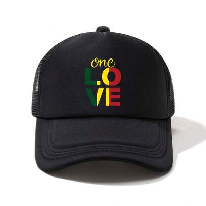 1顶“ONE LOVE”印花网眼棒球帽 - 轻便透气彩虹字母遮阳帽，黑色休闲户外帽，时尚防晒配饰，可折叠遮阳帽，头饰