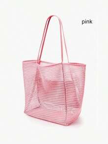 1pc Mesh Tote Bag, Cosmetic Bag, Casual Handbag, Foldable Women's Shoulder Bag For Picnic, Waterproof, Foldable, Essential Bag, Multifunctional Shoulder Shopping Tote, Mesh Hollow Bag, Mesh Bag, Bathroom Storage Bag, Multifunctional Toiletry Bag, Bathroom Bag And Shoulder Tote, Lightweight, Large Capacity, Portable Mesh Beach Bag, Suitable For Family Travel, Vacation, Beach, Camping And Hiking, Summer Holiday Bag ,Makeup Bag - 粉色 - 查看 12
