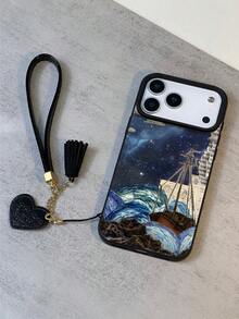 1件装 时尚新款个性化复古波浪摇滚航海图案荔枝纹理防摔防滑软手机壳+心形挂绳，兼容苹果手机 - 彩色 - 查看 1