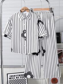 Left Mama Conjunto de camisa de manga corta y pantalones con estampado floral y de rayas, cómodo y casual, adecuado para uso diario en verano - Negro - Ver 1