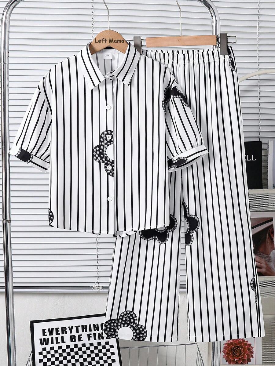 Left Mama Conjunto de camisa de manga corta y pantalones con estampado floral y de rayas, cómodo y casual, adecuado para uso diario en verano - Negro - Ver 1