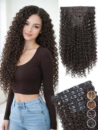 Extensiones de cabello rizado de 26 pulgadas - 16 clips de fibra sintética natural y gruesa, piezas de cabello ondulado, clips, agrega volumen y longitud instantáneamente, fibra resistente al calor, múltiples colores disponibles