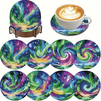 Bộ 8 đế lót ly tranh đính kim cương DIY hình bầu trời tuyệt đẹp, bề mặt kim cương tròn sáng bóng, keo dính chắc chắn kèm đầy đủ dụng cụ, dễ dàng cho người mới bắt đầu, đồ thủ công giúp giảm căng thẳng, quà tặng năm mới, ngày Valentine, Giáng sinh, ngày Nhà giáo, đồ trang trí nhà cửa cho gia đình, bạn bè, người yêu, giáo viên.