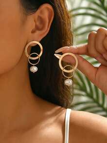 1 par de pendientes elegantes de gota redonda con diseño geométrico y empalme, personalizados, adecuados para uso diario, ir al trabajo, citas, fiestas y otras ocasiones - Amarillo Oro - Ver 2