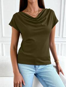 PRETTYGARDEN Women's Summer Clothes Tops Dressy Casual Clothing Cowl Neck Short Sleeve Blouses Business Work Office Shirts  Tops For Women - 軍綠色 - 查看 4