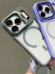 适用于 17 Pro Max、17 Pro、16 Pro Max、16 Pro、15 Pro Max、15 Pro、14 Pro Max、14 Pro、13、12、11 Pro Max、16、15、14 Plus 的豪华相机镜头支架无线充电手机壳，透明保护后盖 - 灰色 - 查看 3