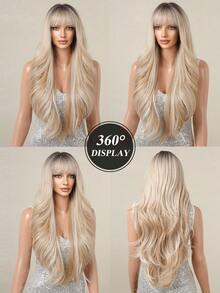 Ombre Flax Gold Long Straight Synthetic Wigs For Women Natural Wave Platinum Blonde Highlight Wigs With Bangs Heat Resistant Cosplay Hair - Multicolor - View 8