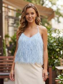 Women's Plush Tassel Halter Tops Fashionable Solid Color Sleeveless Open Back Slim Fit Vest for Party Daily Wear - azul claro - Ver 1