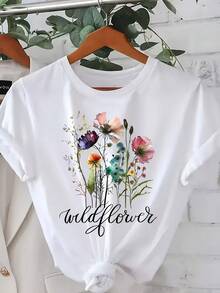 [Floral T-Shirt] Spring Summer Floral Printed Women's Round Neck T-Shirt |   Casual Short Sleeved - 白色 - 查看 3