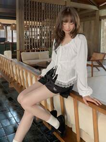 Áo kiểu nữ màu trơn, tay dài, vạt áo bất đối xứng, xếp ly, xoắn phía trước, màu trắng, thích hợp cho mùa hè. - trắng - Xem 2