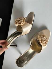 Pink Rose Pointed Satin Flower Mule High Heel Sandals For Women, Summer - Apricot - View 3