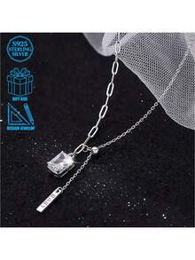 925 Silver Square Diamond Tassel Necklace, Luxury Elegant Letter Pendant Clavicle Chain For Women - Silver - View 2