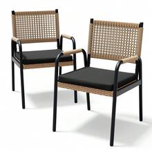 Conjunto de sillas de comedor para exteriores duraderas, 2 sillones de mimbre y ratán para todo tipo de clima con cojines, estructura de metal, cómodos asientos de jardín - 1 pieza - Negro - Ver 8