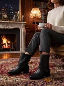 Women's Over-The-Knee Suede Boot, Low Heel, High-Top Suede Boot, Ruched Boot - 黑色 - 查看 3