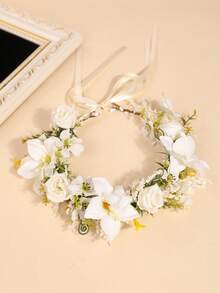 1件自然灵感人造花波西米亚风头饰，浪漫婚礼/海滩拍照道具 - 白色 - 查看 6