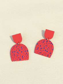 1 Pair Girls' Blue Dotted & Red Ceramic Texture Acrylic Earrings, Stylish Design - Multicolor - View 7