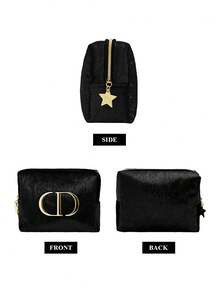 Dior 黑色纹理化妆包，金色点缀，星空内衬，旅行化妆品收纳包 - 黑色 - 查看 4