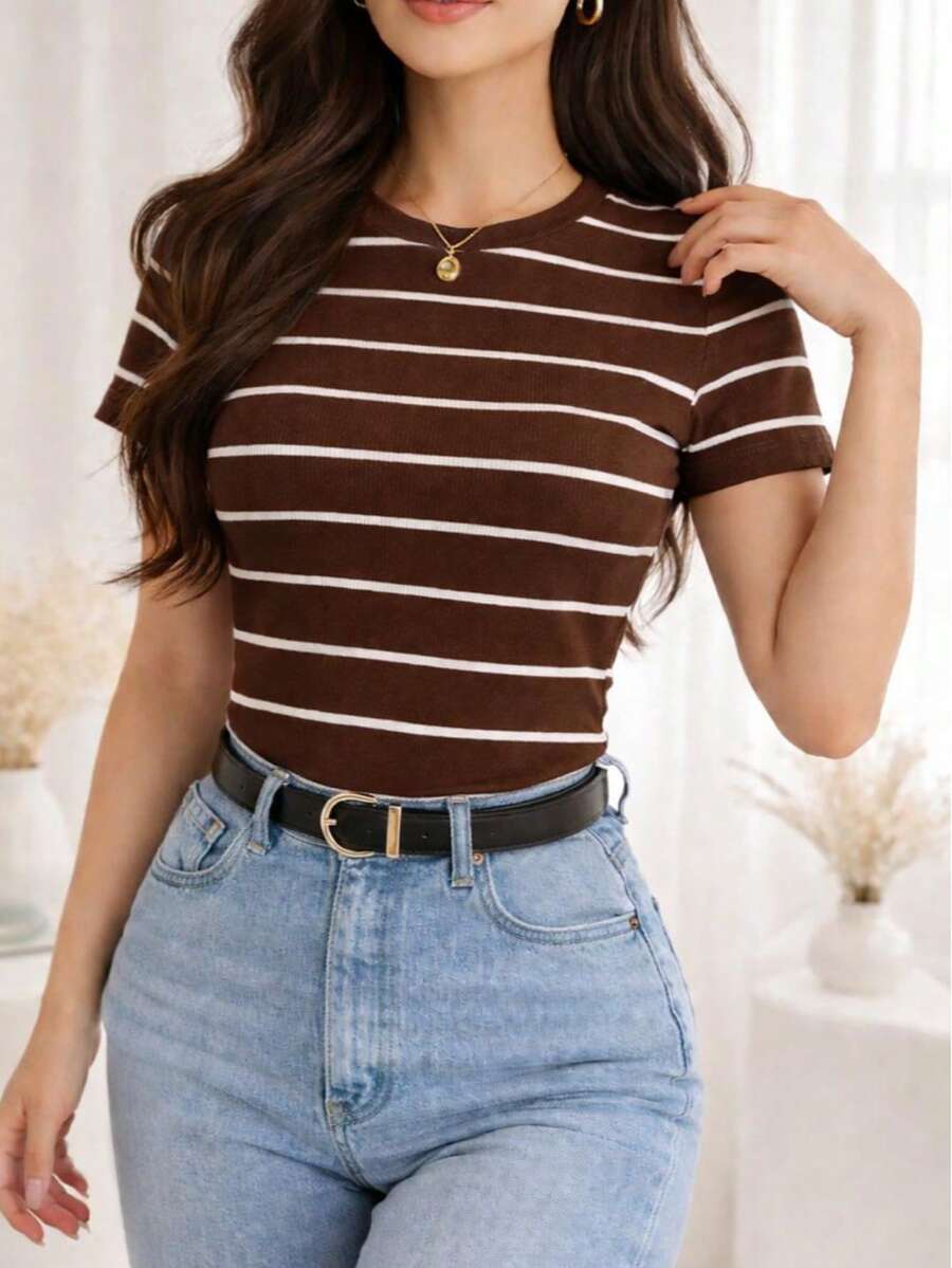 Women's Basic Ribbed Cotton Striped Blouse - Rust Brown - View 1