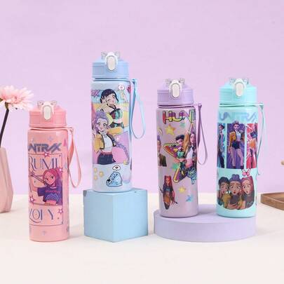 Hasbro K-POP Witch Hunting Girl Group Anime Character Printed Water Bottle, Leak-Proof Portable Sports Cup With Bounce Straw And Strap, Suitable For Outdoor Activities