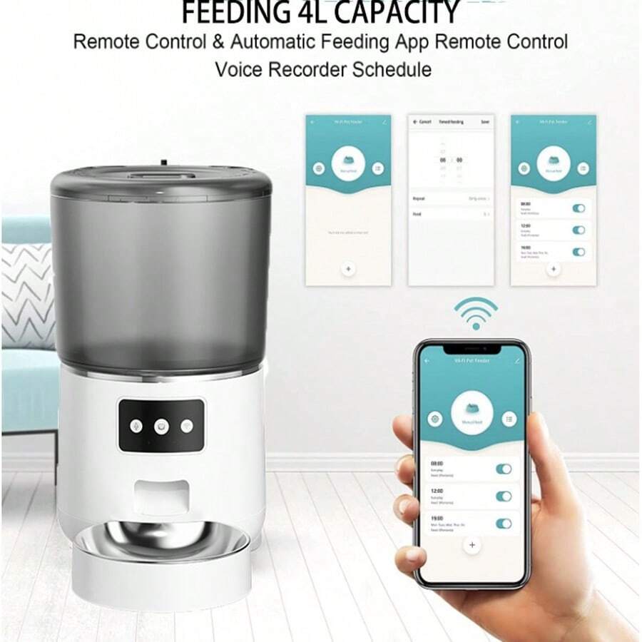 4升自动宠物喂食器，定时猫狗干粮投放器，支持WiFi连接，APP控制，双电源供电，密封性好，不锈钢宠物碗，礼品，庆典礼物